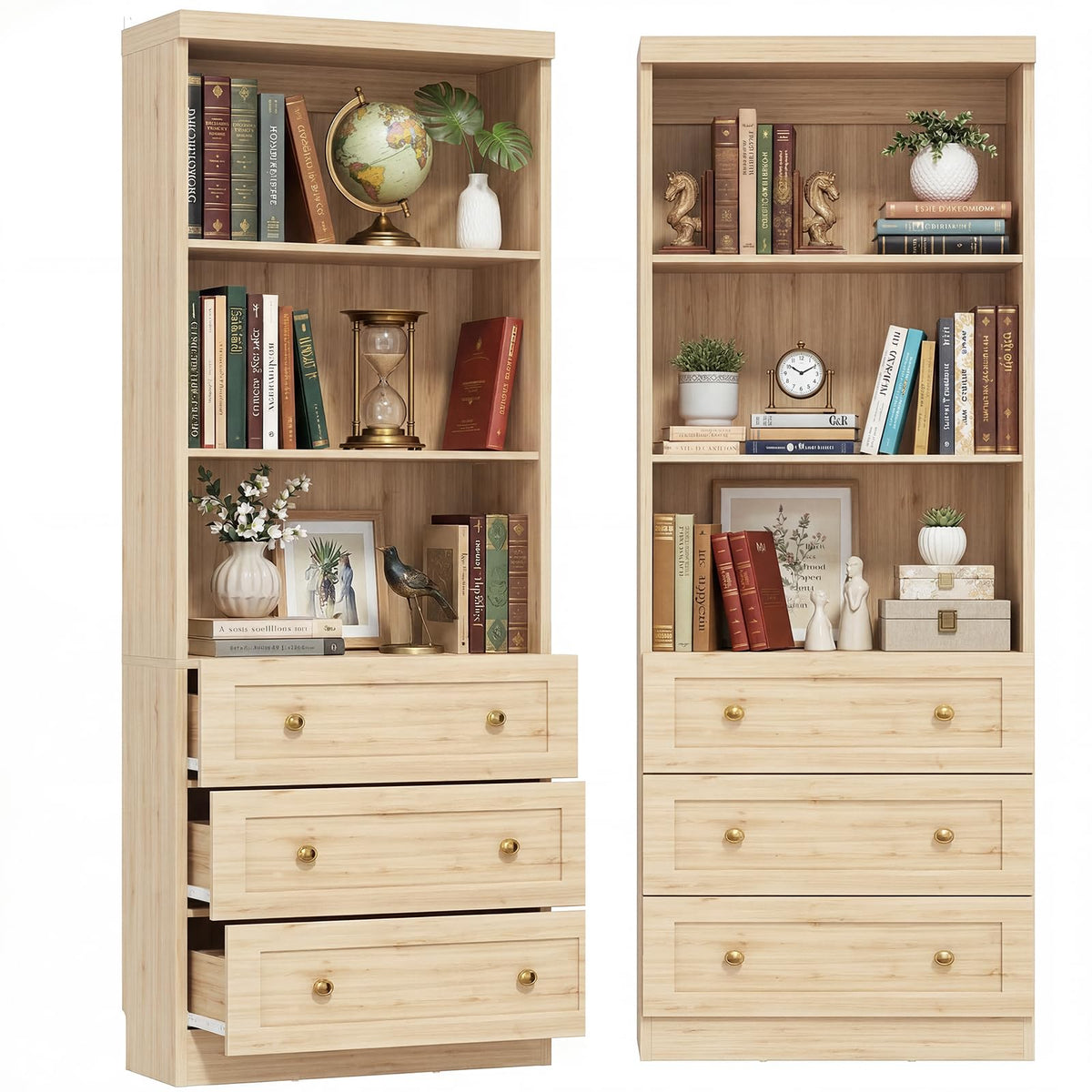Cyclysio 80" Bookshelf with 3 Drawers and Baseboard Cutout, Set of 2