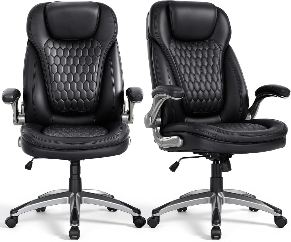COLAMY High Back Executive Office Chairs, Ergonomic PU Leather Desk Chairs with Flip-Up Armrests, Adjustable Height, Lumbar Support, Comfortable Computer Chairs for Home Office, Set of 2
