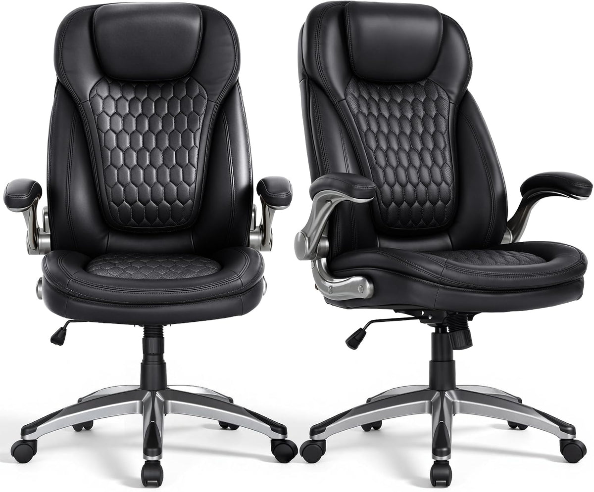 COLAMY High Back Executive Office Chairs, Ergonomic PU Leather Desk Chairs with Flip-Up Armrests, Adjustable Height, Lumbar Support, Comfortable Computer Chairs for Home Office, Set of 2