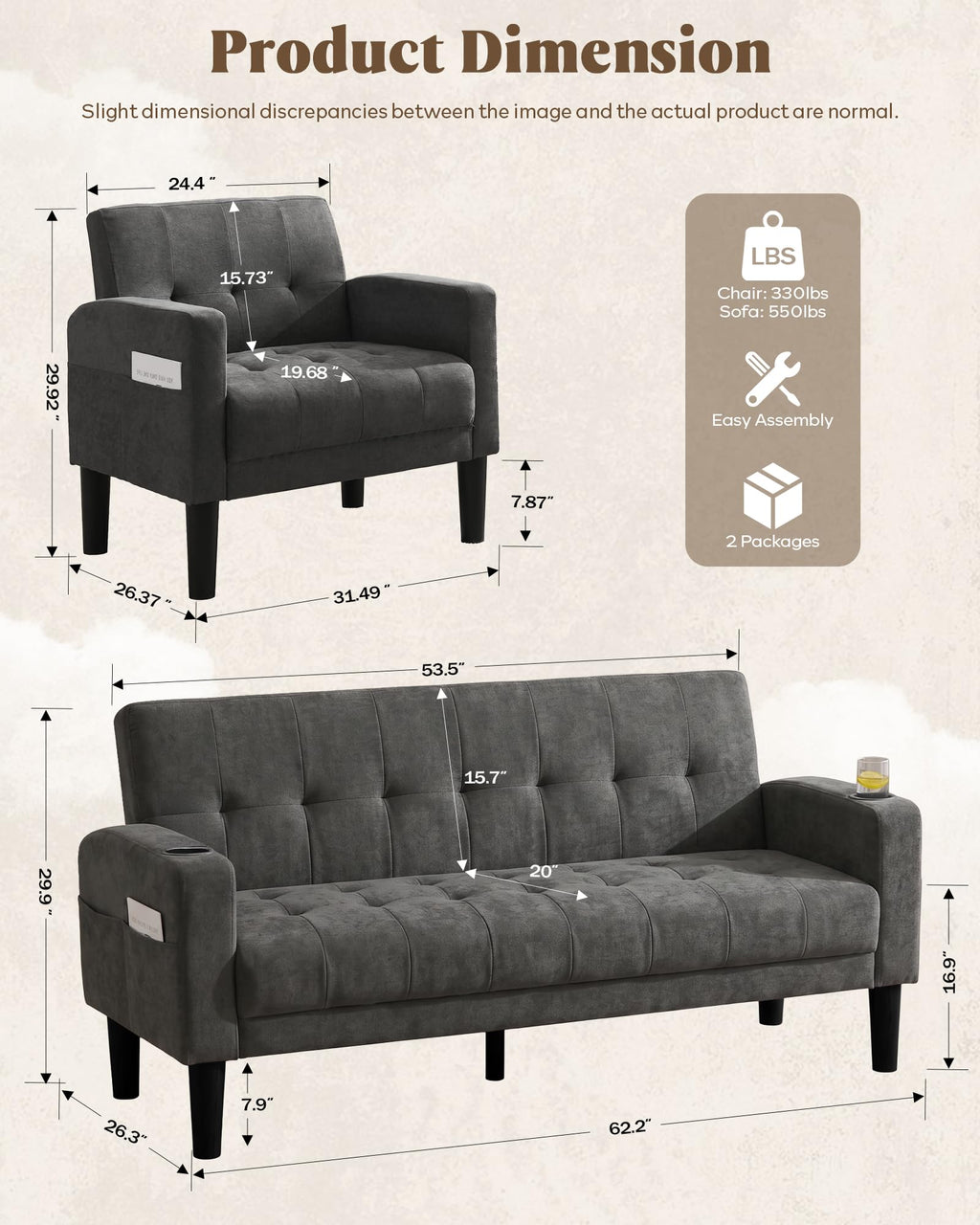 2 Piece Dark Grey Fabric Linen Mid Century Modern Living Room Sofa Set