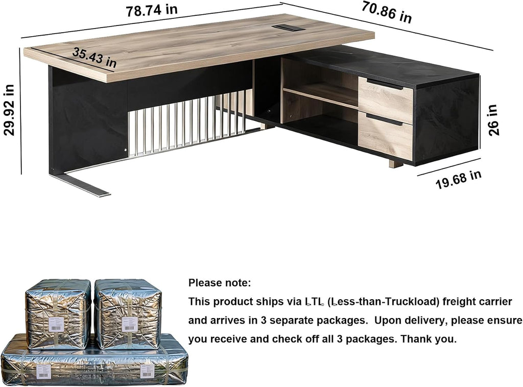 78.7 Inch Large Executive Desk with Drawers Cabinet, L Shaped Office Desk, Computer Desk with Universal Charging Ports and Cable Management for Business Furniture Set Workstation for Home Office