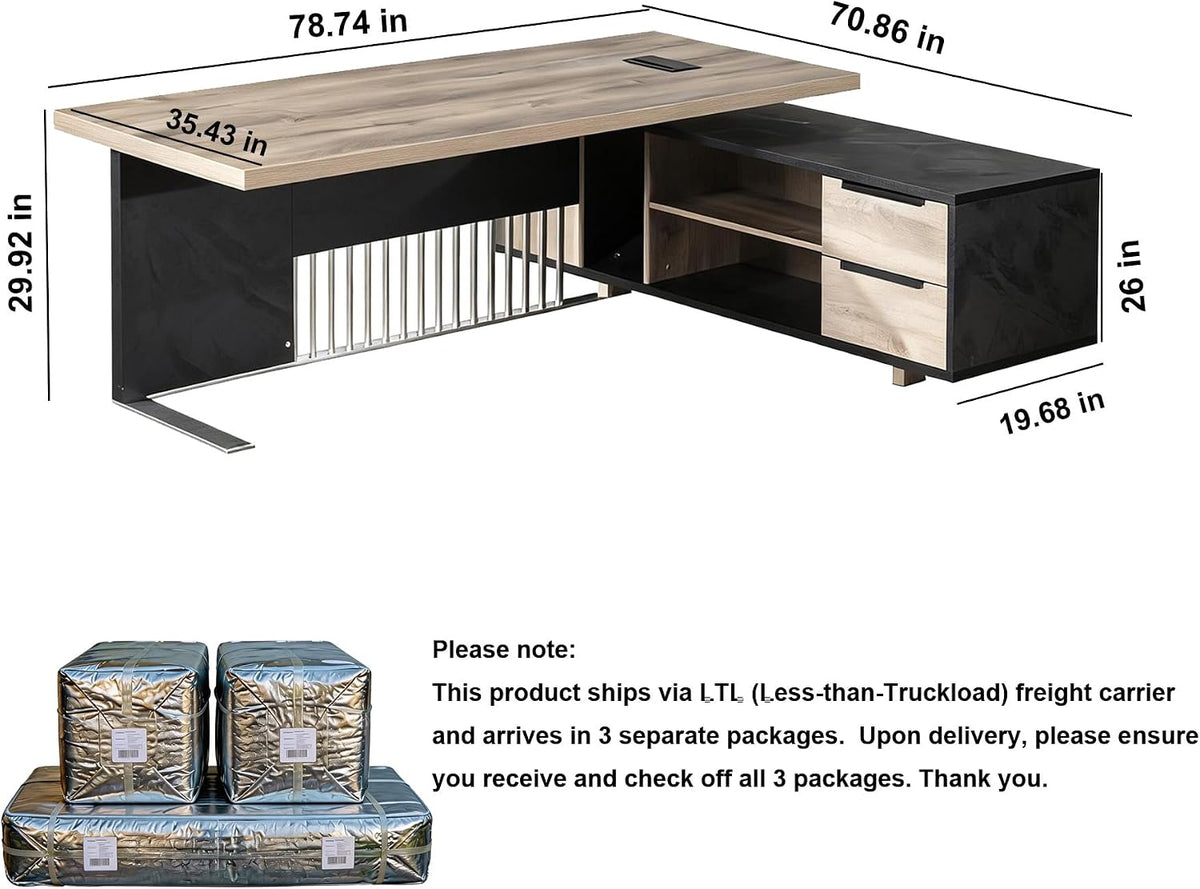 78.7 Inch Large Executive Desk with Drawers Cabinet, L Shaped Office Desk, Computer Desk with Universal Charging Ports and Cable Management for Business Furniture Set Workstation for Home Office