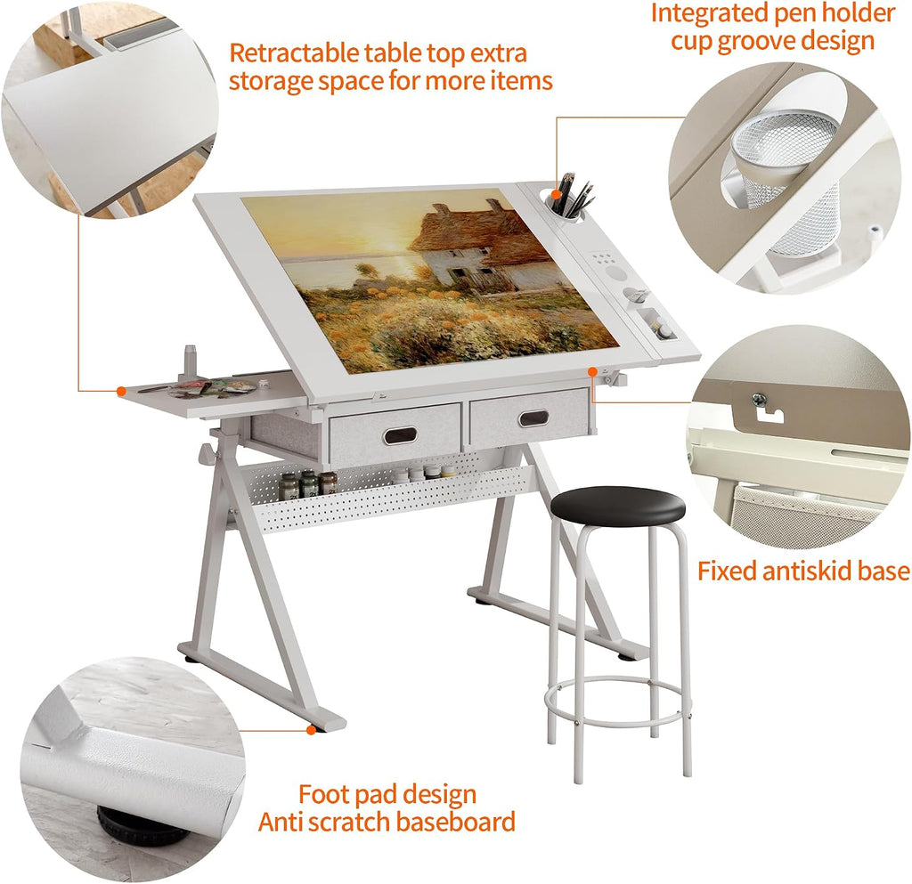 Height Adjustable Drafting Table with Stool, Drawing Art Desk with 2 Drawers, Artist Table with 75Â° Tilted Tabletop, Sketching Painting Artwork Station for Home Office School Reading, Crafting, White