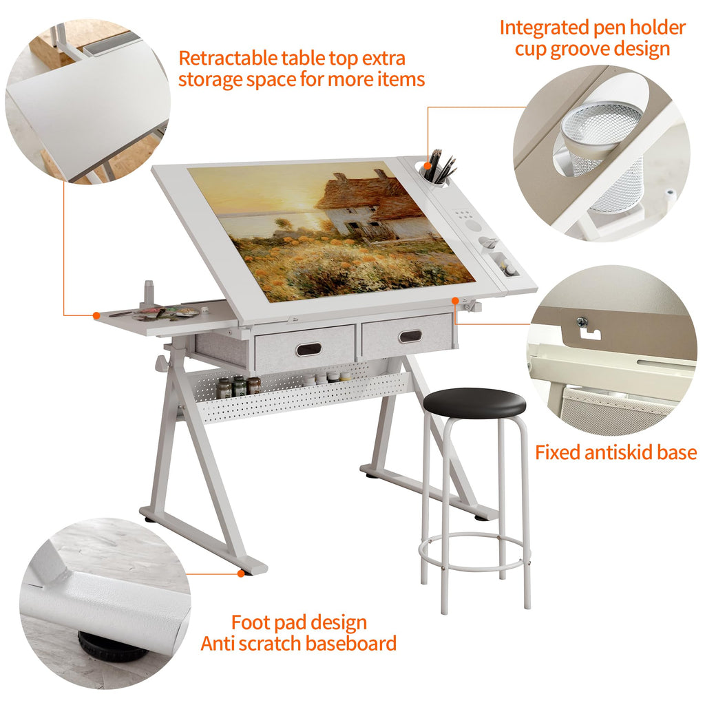 Drafting Table with Stool Height Adjustable Art Craft Desk with Storage, Tilting MDF Tabletop, Expansion Board, Drawing Table for Home Office, Artists, Painters (Rustic Brown)