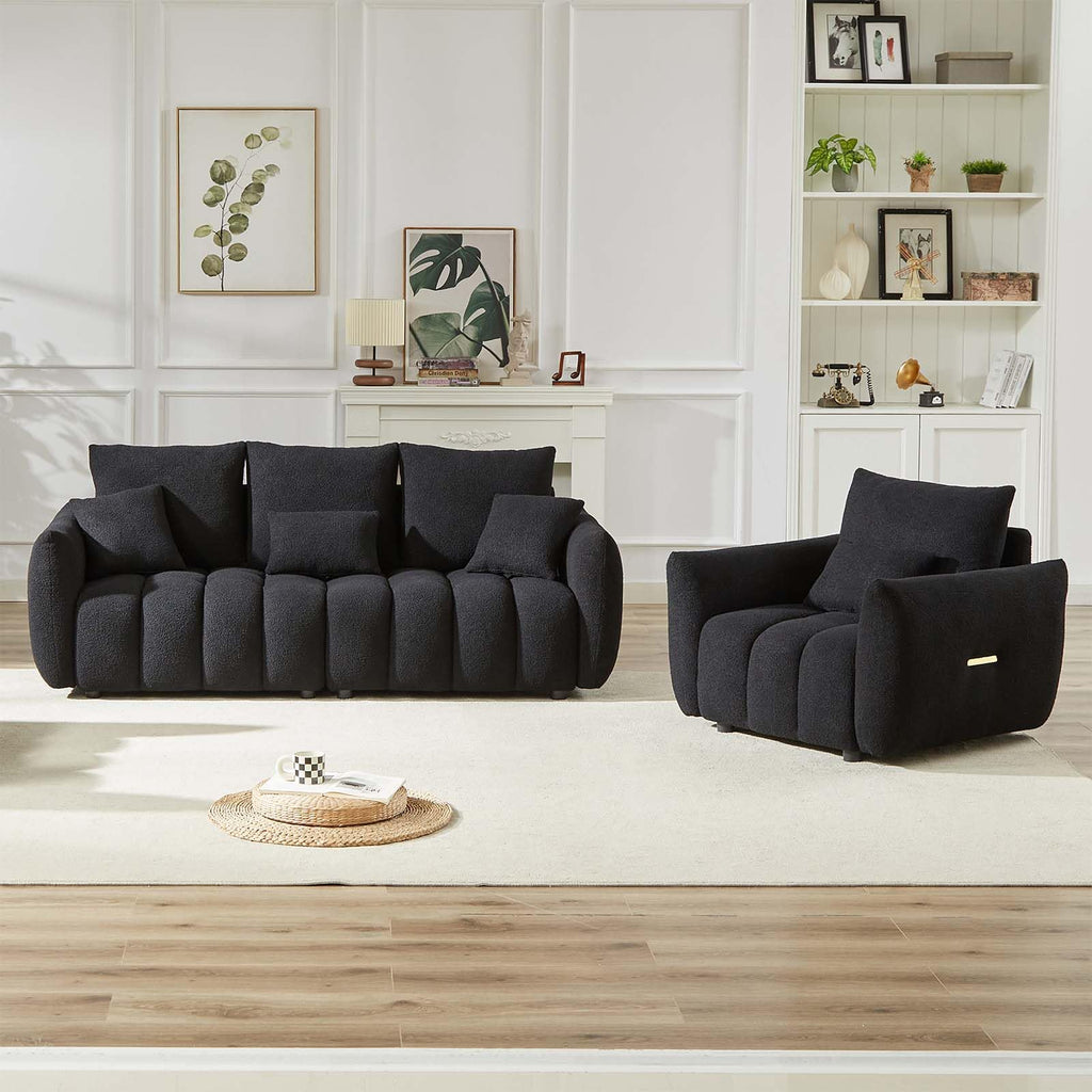 Antetek Teddy Fabric Sofa Set for Living Room, 2 Pieces Modern Deep Seat Oversized 3-Seater Cloud Boucle Couch for Bedroom, Office, Apartment, Furniture Set, 78-inch, Black (2 Pieces)