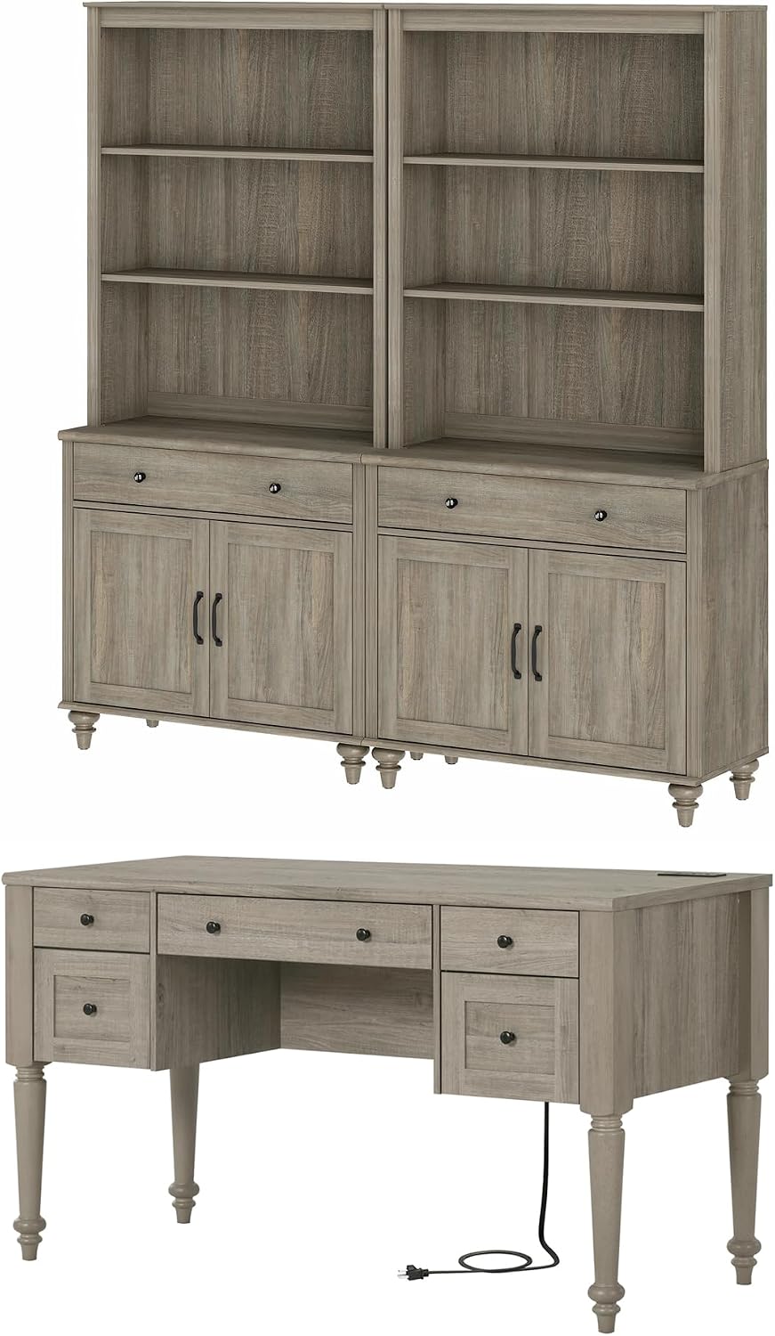 WAMPAT Home Office Furniture Set, 56'' Executive Desk with Charging Station, 72" Tall Bookcase with 4 Doors and 2 Drawers, Wood Computer Desk with File Cabinet Storage, Open Shelf, Wash Grey