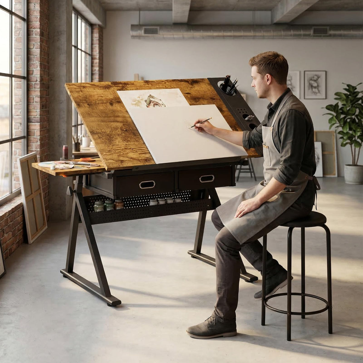 Drafting Table and Stool Set for Adults/Artists, Drawing Table with Adjustable Tabletop and Height, Art Workstation for Painters Crafting Reading Writing Home Office, All White