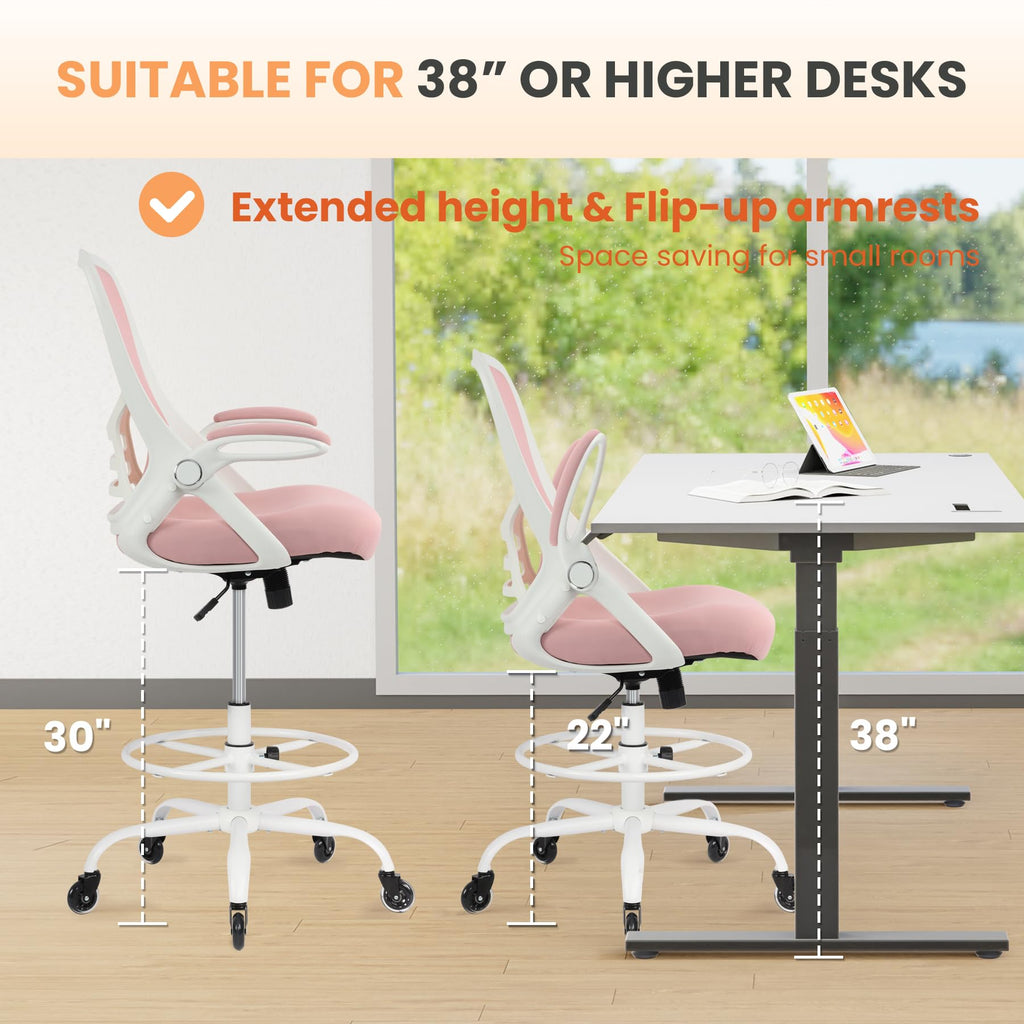 HYLONE Drafting Chair Adjustable, Tall Office Chair Lumbar Support Ergonomic Standing Desk Chair Heavy Duty Tall Drafting Stool for Artists with Footrest Home Office Drafting Stool