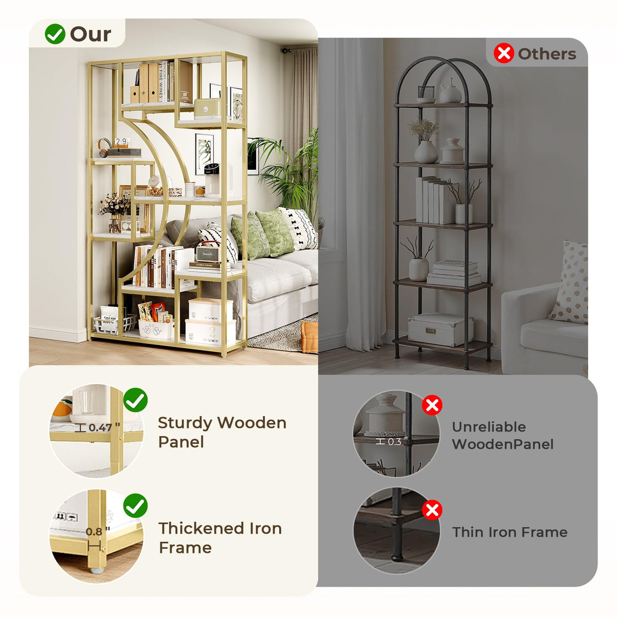 LGHM Industrial 5-Tier Bookshelf with Storage, 70.9 Inch Tall Large Display Bookcase - Modern Metal Standing Shelves for Living Room, Office and Bedroom, Set of 2, Greige