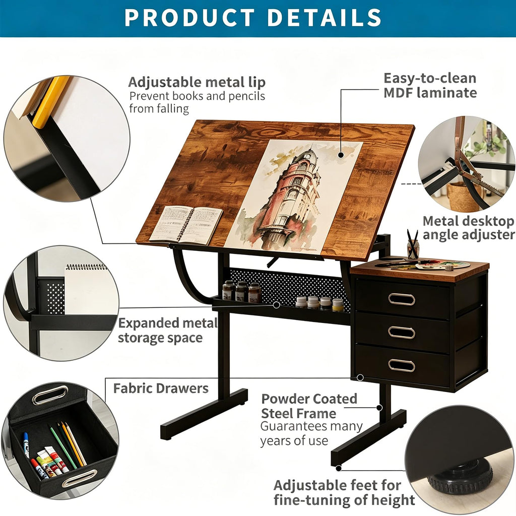 Height Adjustable Tilt Drafting Table with 2 Storage Drawers & Stool Brown