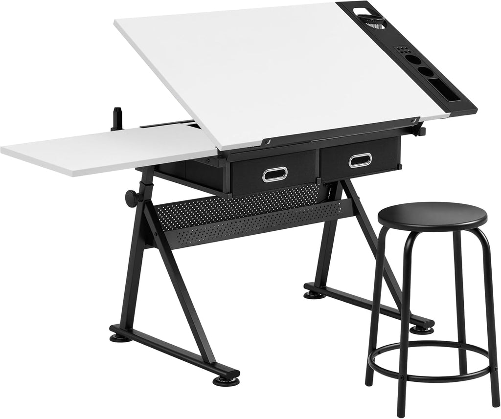 Yaheetech Adjustable Drafting Table Art Desk,Storage Drawers & Stool,White