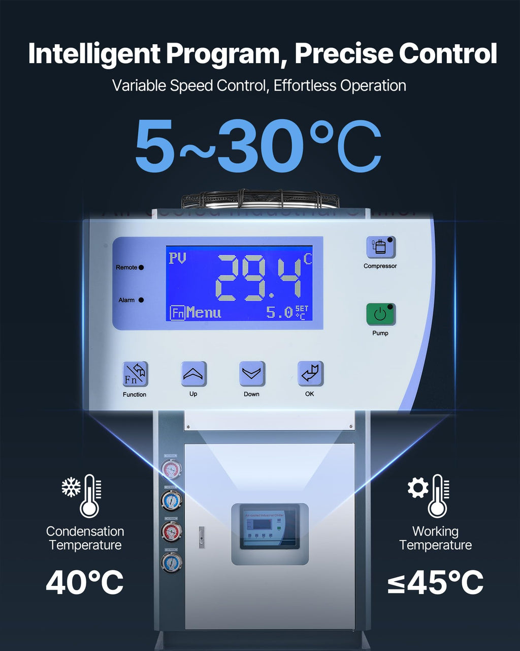 VEVOR Air Cooled Water Chiller, 5 Ton Portable, 5HP/3.75KW Compressor Motor, 53L Capacity Stainless Steel Water Tank, Finned Condenser with Micro-Computer Control, Industrial Chiller for Cooling Water