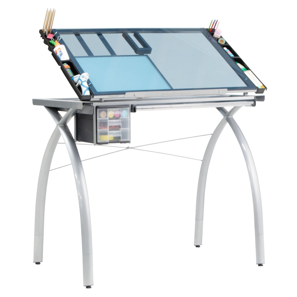 SD Studio Designs 10096 Futura Station with Folding Shelf Top Adjustable Drafting Craft Drawing Hobby Table Writing Studio Desk with Drawer, 35.5'' W x 23.75'' D, White/Clear Glass