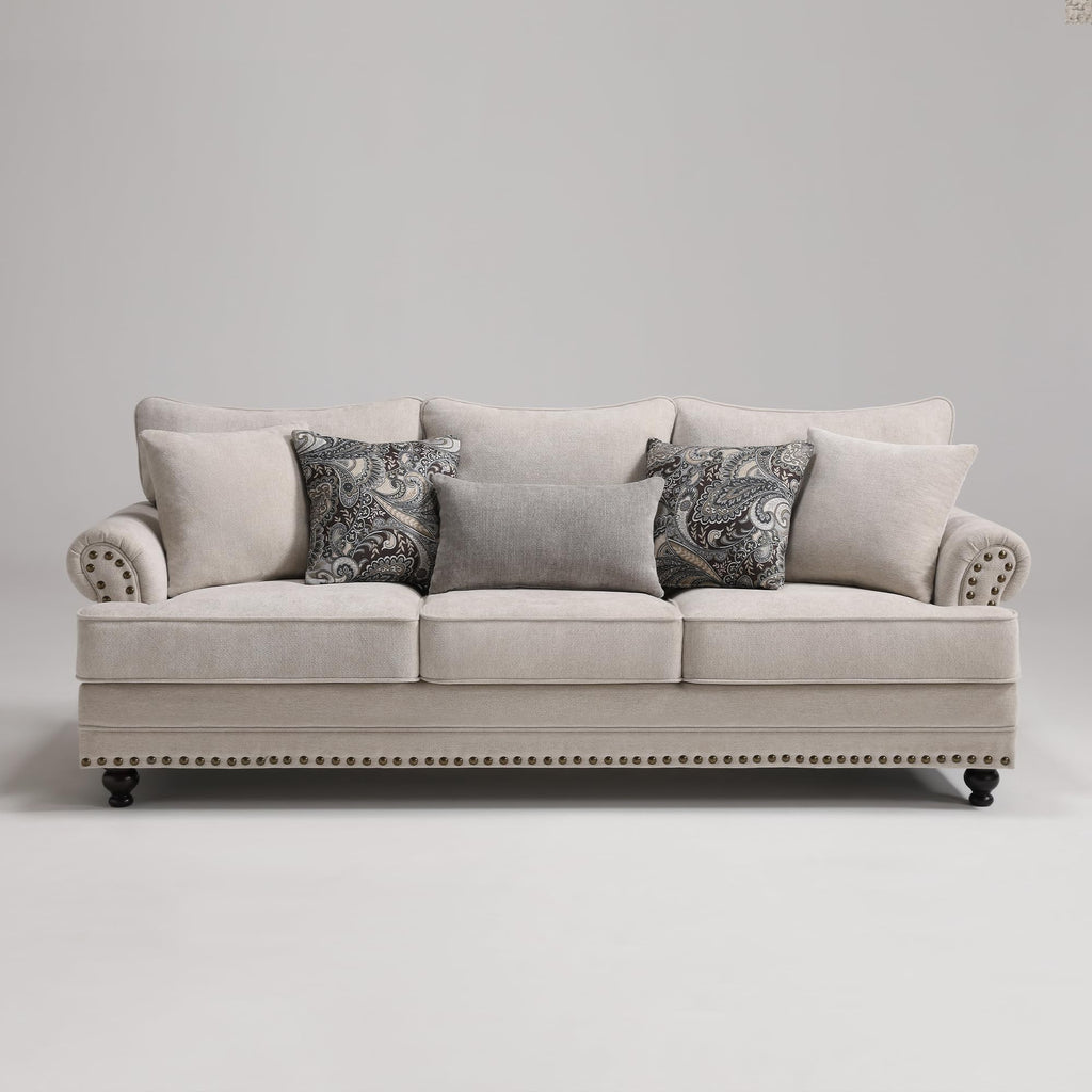 Modern Farmhouse Loveseat Sofa, Chenille Upholstery with Nailhead Trim, Small Couch for Living Room, Bedroom, Office, or Apartment, Includes 4 Accent Pillows