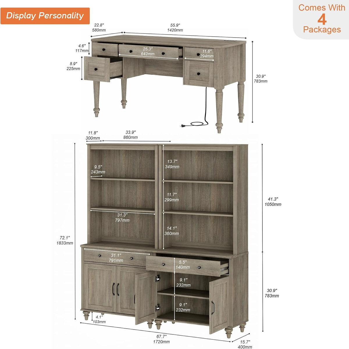WAMPAT Home Office Furniture Set, 56'' Executive Desk with Charging Station, 72" Tall Bookcase with 4 Doors and 2 Drawers, Wood Computer Desk with File Cabinet Storage, Open Shelf, Wash Grey