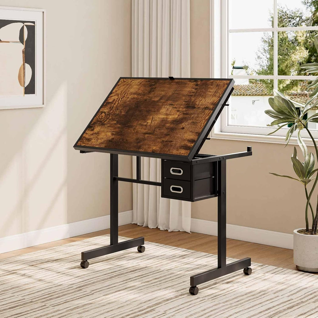 Adjustable Puzzle Table with Cover and 4 Storage Trays,1000 Pieces Jigsaw Puzzle Board with 2 Drawers and Wheels, Tilting Drafting Desk for Home Office, Art Projects, Crafting