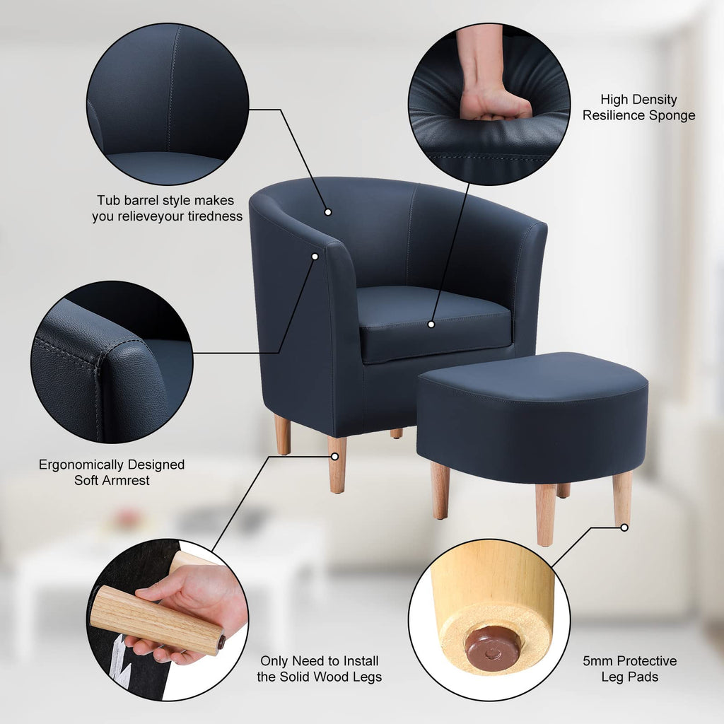 DAZONE Accent Chair with Ottoman, Modern Comfy Armchair Upholstered Barrel Club Chair and Footrest Set, Fabric Tub Arm Chairs for Living Room Bedroom Small Spaces Apartment Office, Set of 2, Gray