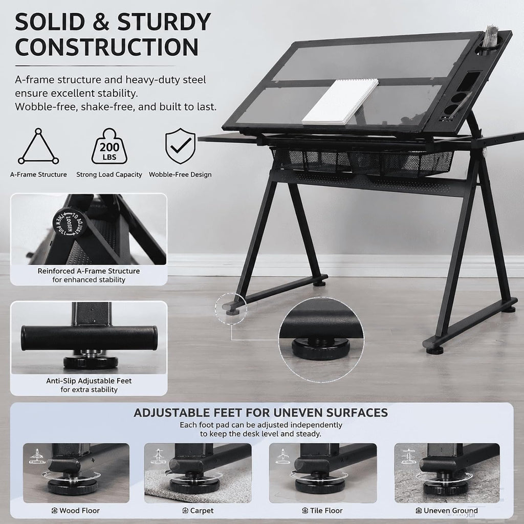 Adjustable Drafting Table with Chair, Tilting Tempered Glass Desk