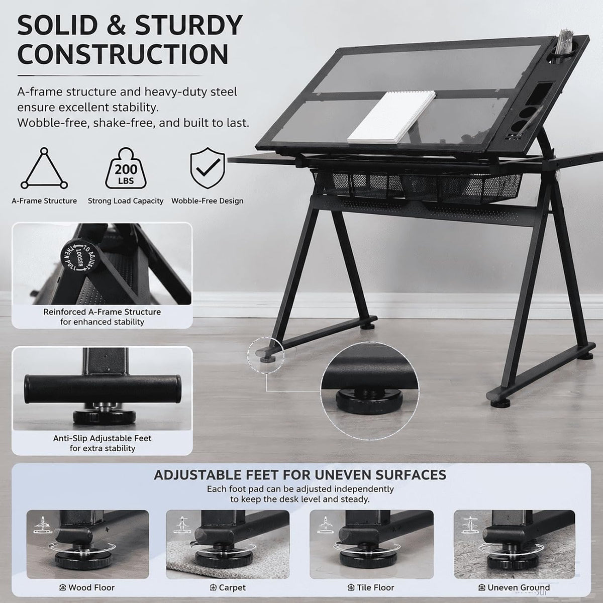 Adjustable Drafting Table with Chair, Tilting Tempered Glass Desk