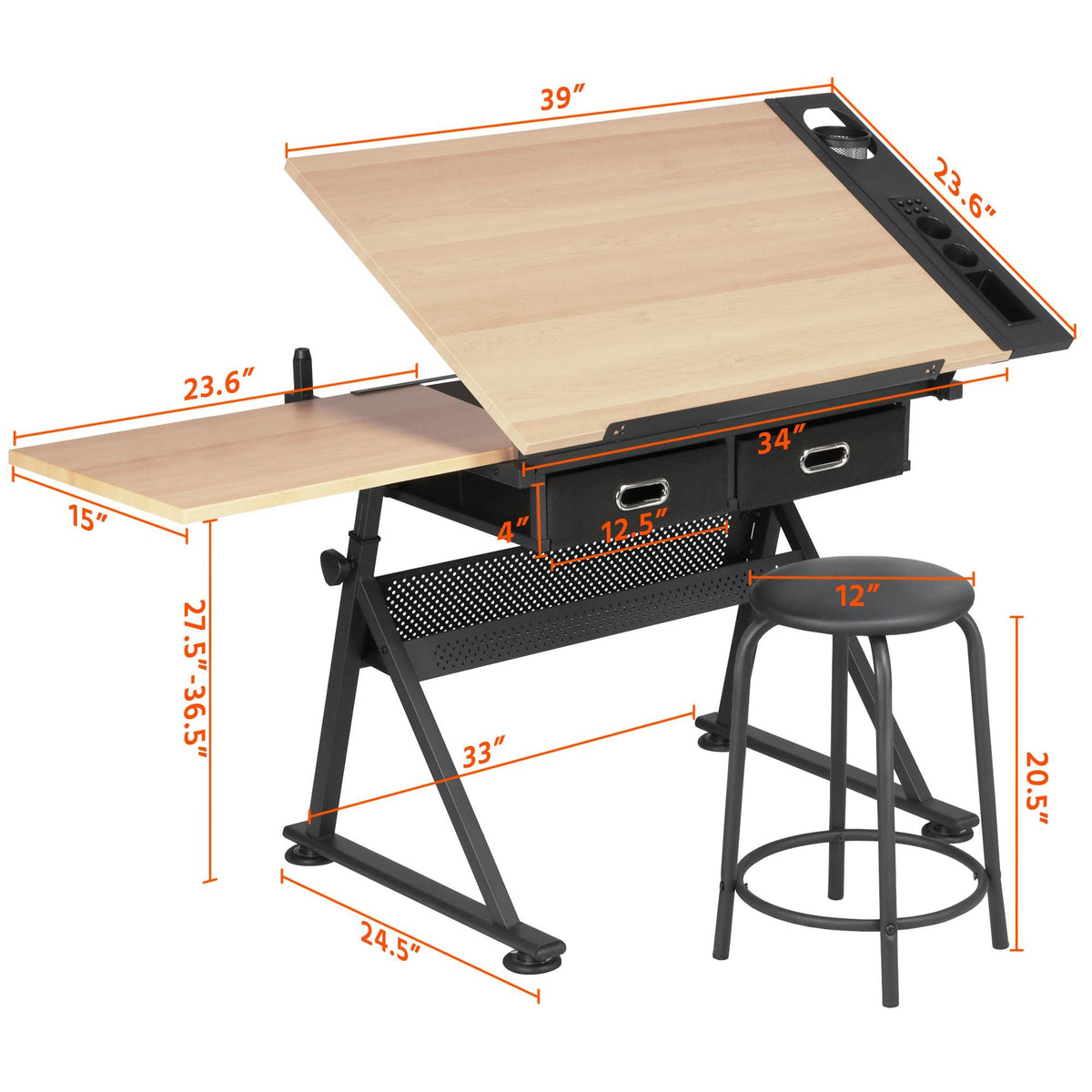 Yaheetech Adjustable Drafting Table Art Desk,Storage Drawers & Stool,White