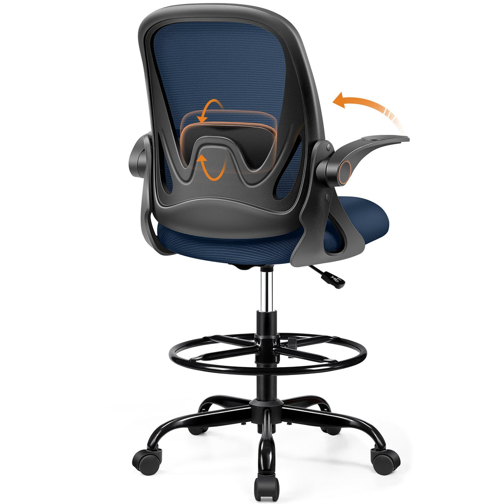 Drafting Chair Tall Office Chair with Flip-up Armrests, Adjustable Height, and Enhanced Lumbar Support - Ergonomic Rolling Stool, Back Support, and Adjustable Foot Rest Ring for Standing Desk White