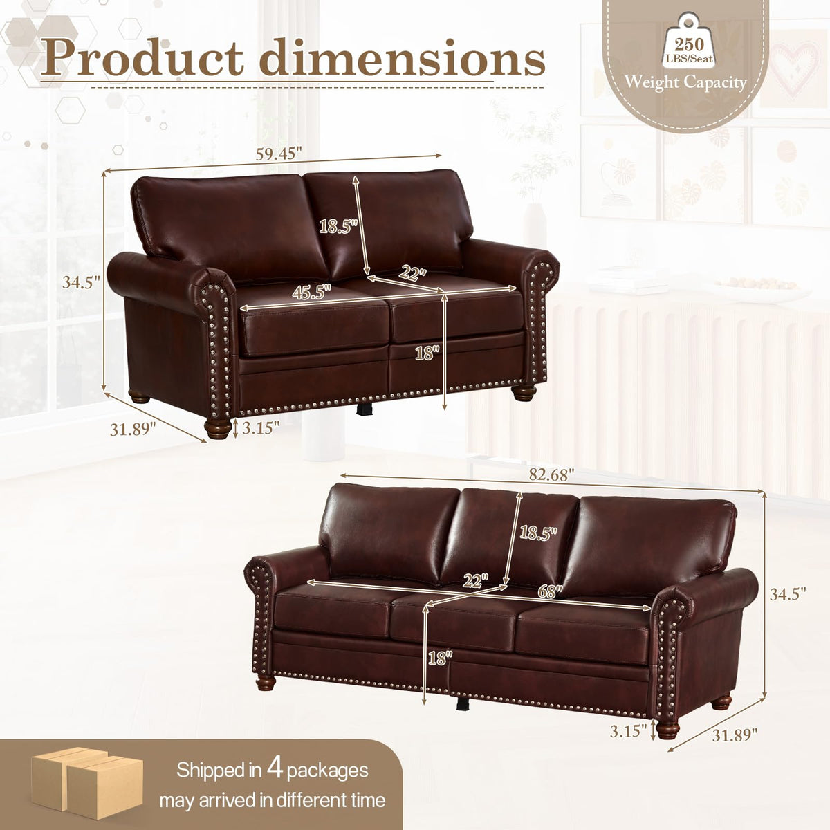 2 Piece Couch Sets for Living Room,Mid Century Modern Couch with Storage Nailhead Trim & Rolled Armrests,Deep Seat Comfy Couch,Furniture Set for Living Room,Bedroom,Office(Navy Blue,Loveseat+3 Seater)