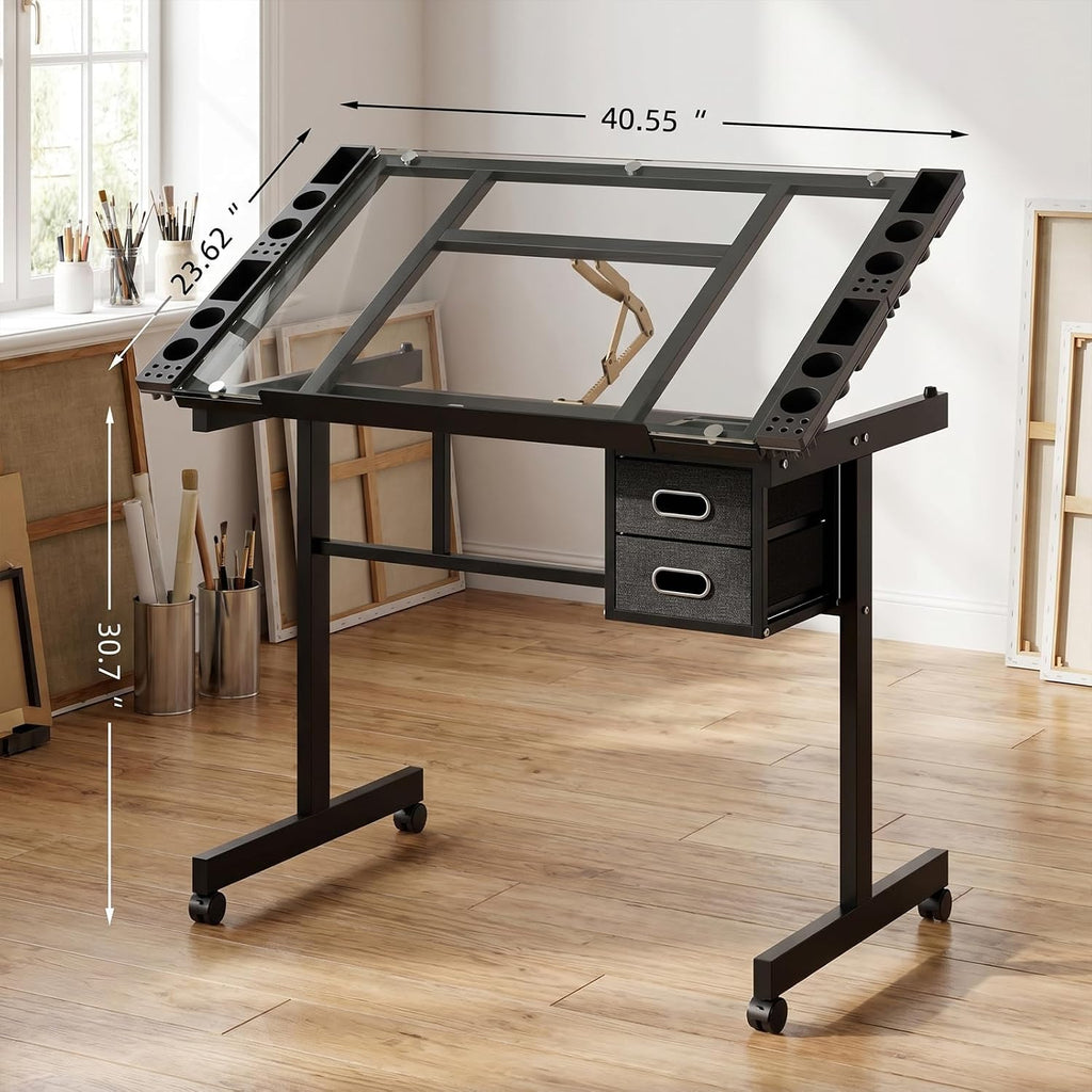 XEW Adjustable Drafting Table Desk Without Stool â Multi-Functional Art Desk for Adults, Drawing & Painting Table, Artist Desk & Drafting Table, Art Table, Tempered Glass Black C