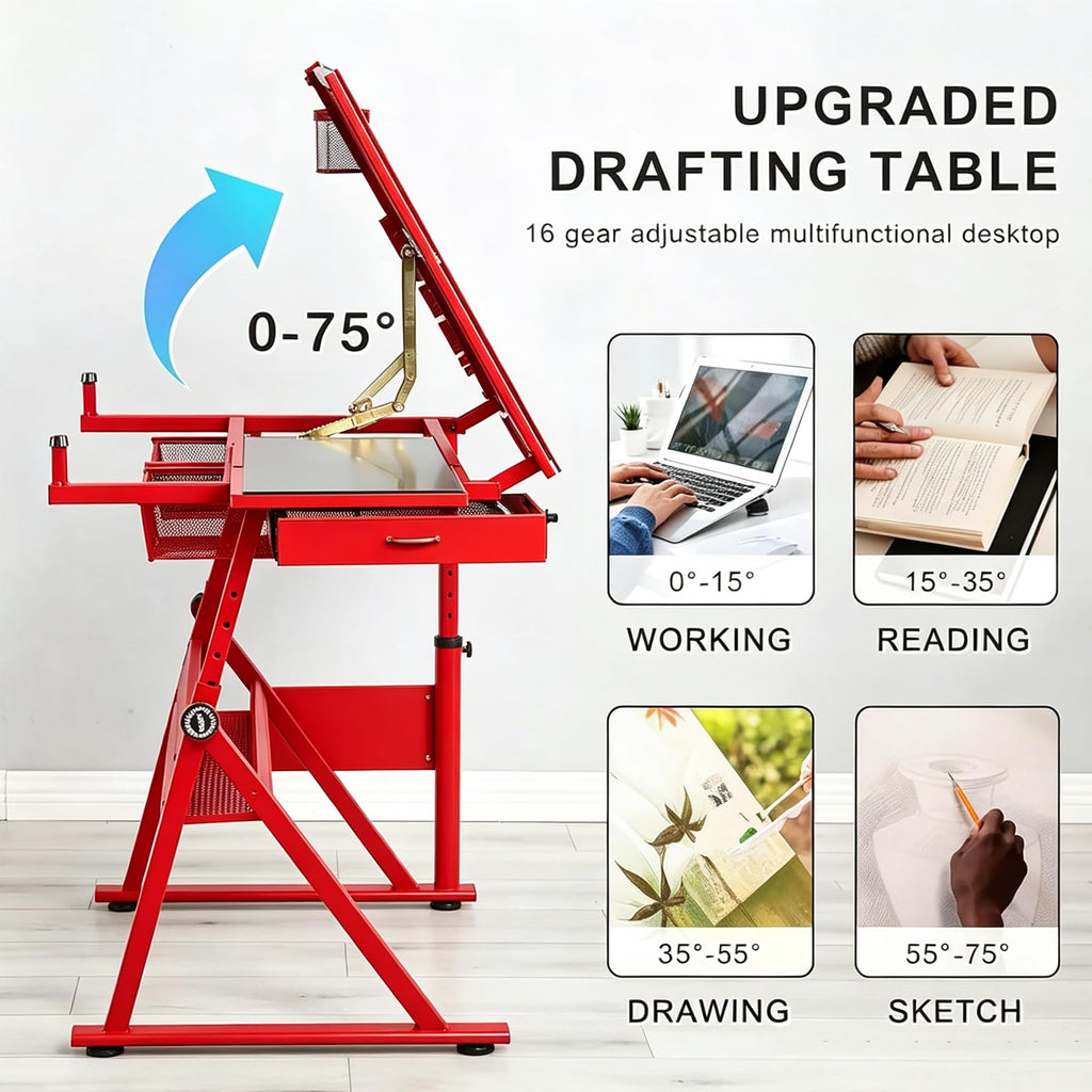 Drafting Table, Adjustable Height Drawing Table Art Table Painting Table Art Craft Desk with 0-75Â° Tilting Glass Tabletop and Storage Drawers, Black
