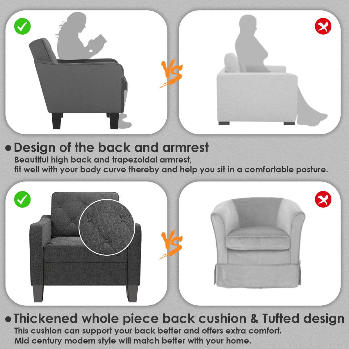 Grey Accent Chairs Set of 2, Wide Comfy Arm Chairs for Living Room, Office
