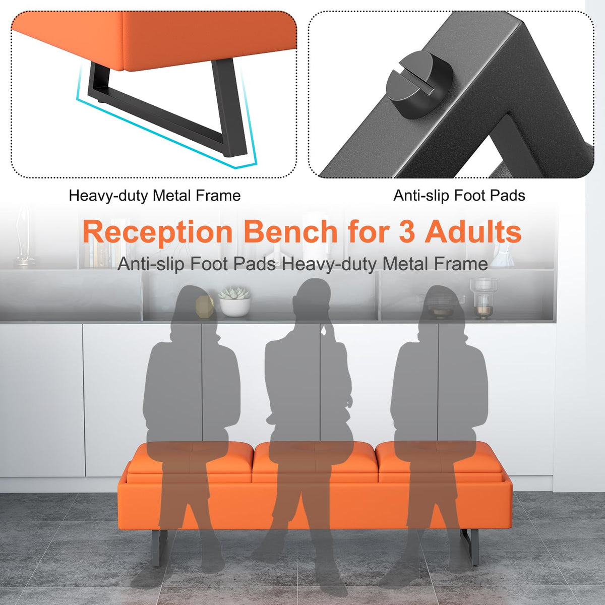 MOTION Leather Bench Waiting Room Chairs - 3 Seat Office Guest Reception Bench with Cushion, Waiting Room Bench Seating, Office Furniture Lobby Chairs for Salon, Shop, Set of 2, Orange