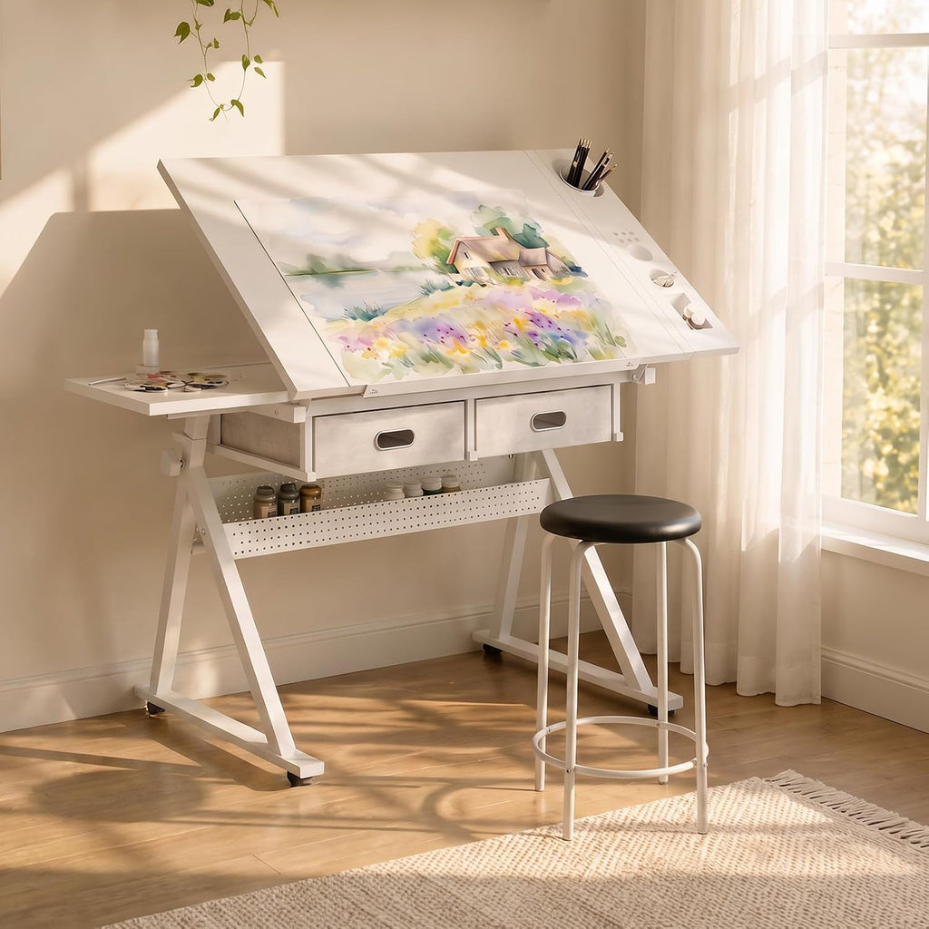 Height Adjustable Drafting Table with Stool, Drawing Art Desk with 2 Drawers, Artist Table with 75Â° Tilted Tabletop, Sketching Painting Artwork Station for Home Office School Reading, Crafting, White