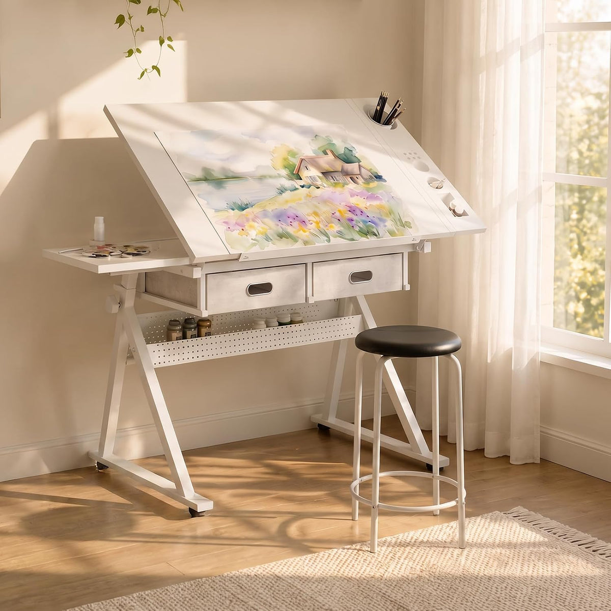 Height Adjustable Drafting Table with Stool, Drawing Art Desk with 2 Drawers, Artist Table with 75Â° Tilted Tabletop, Sketching Painting Artwork Station for Home Office School Reading, Crafting, White