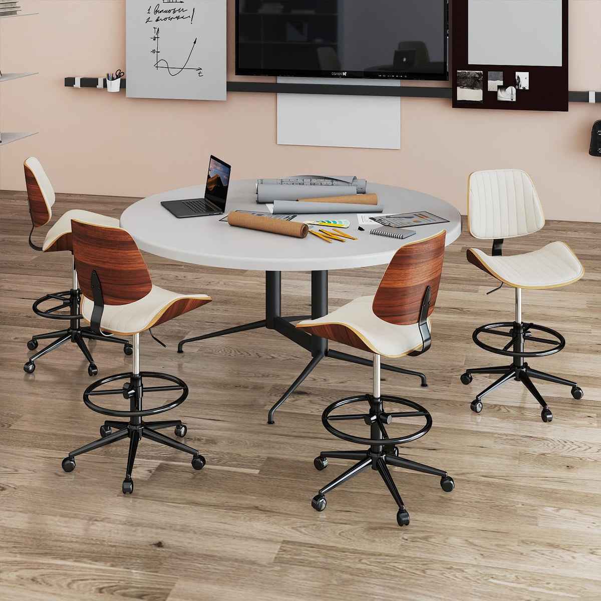 Drafting Chair, Ergonomic Office Chair with Walnut Wood Back Support, Armless PU Leather Desk Chair with Height-Adjustable, Thick Cushion for Home Office, Drafting, Art Studio (Black)