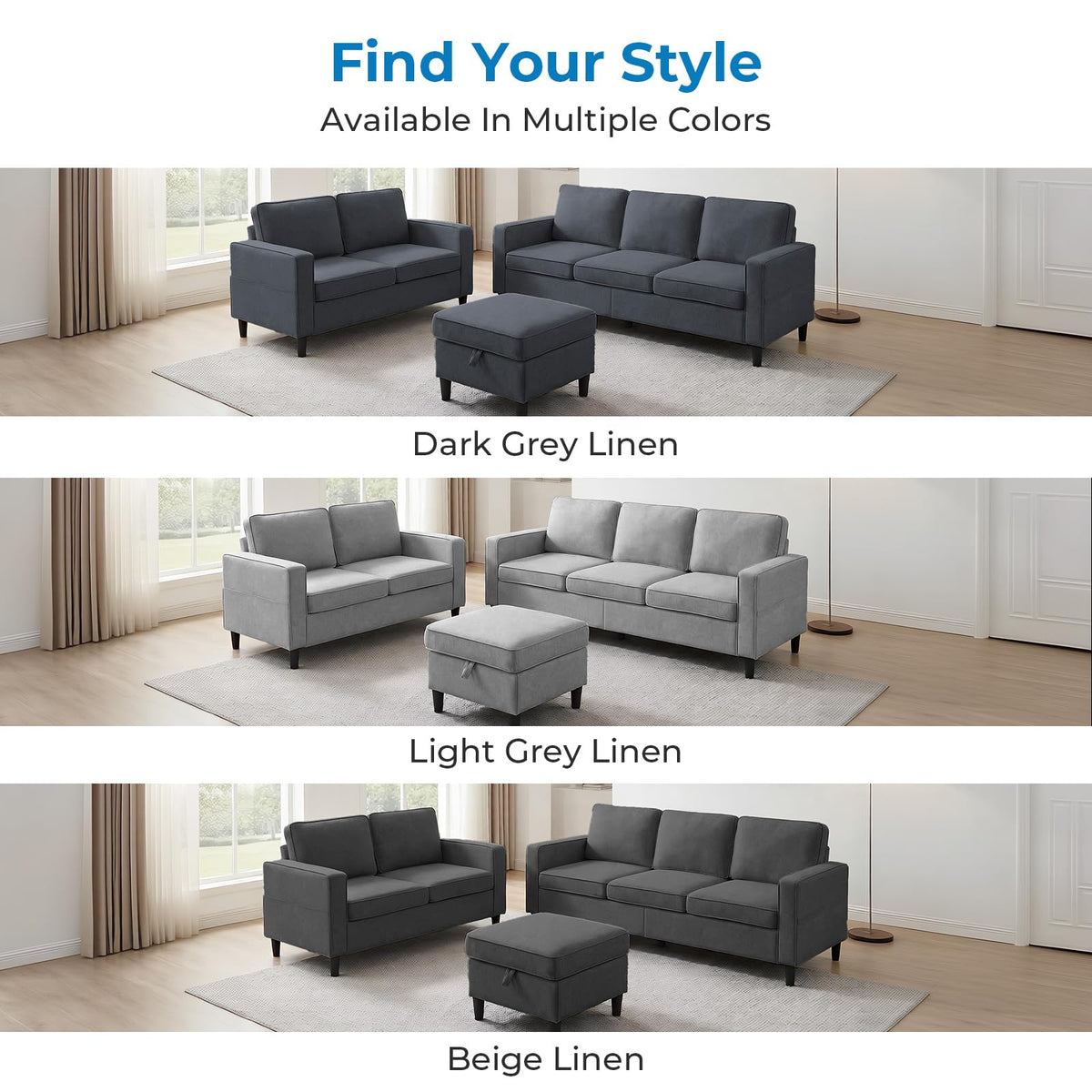 Mjkone 78"W 3 Pieces Sofa Couches Set for Living Room Sets Furniture, Sectional L Shaped 3-Seater Small Sofas Couch and Loveseat Sets with Storage Ottoman and Side Pockets for Home Office, Light Gray