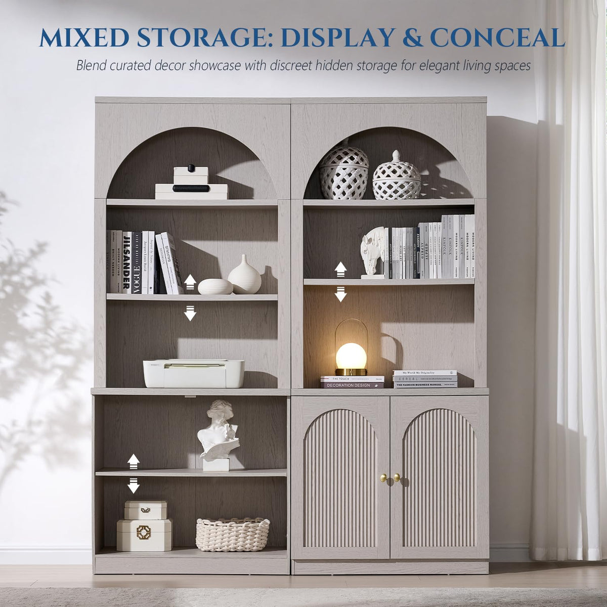 77.6" Tall Arched Bookshelf, Wood Bookcase w/Fluted Arched Door, Light Grey