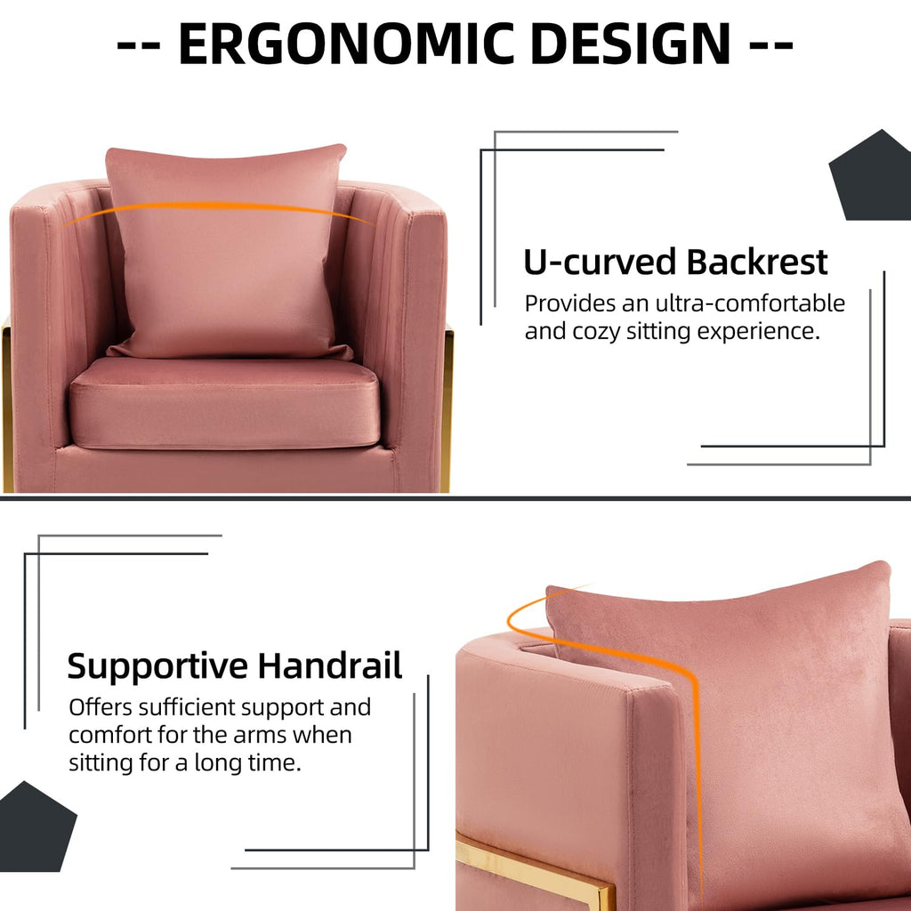 Velvet Accent Barrel Chairs Set of 2, Modern Arm Club Chair Set with Pillow for Living Room/Bedroom/Guest Reception, Channel Tufted, Gold Finish Base, Orange