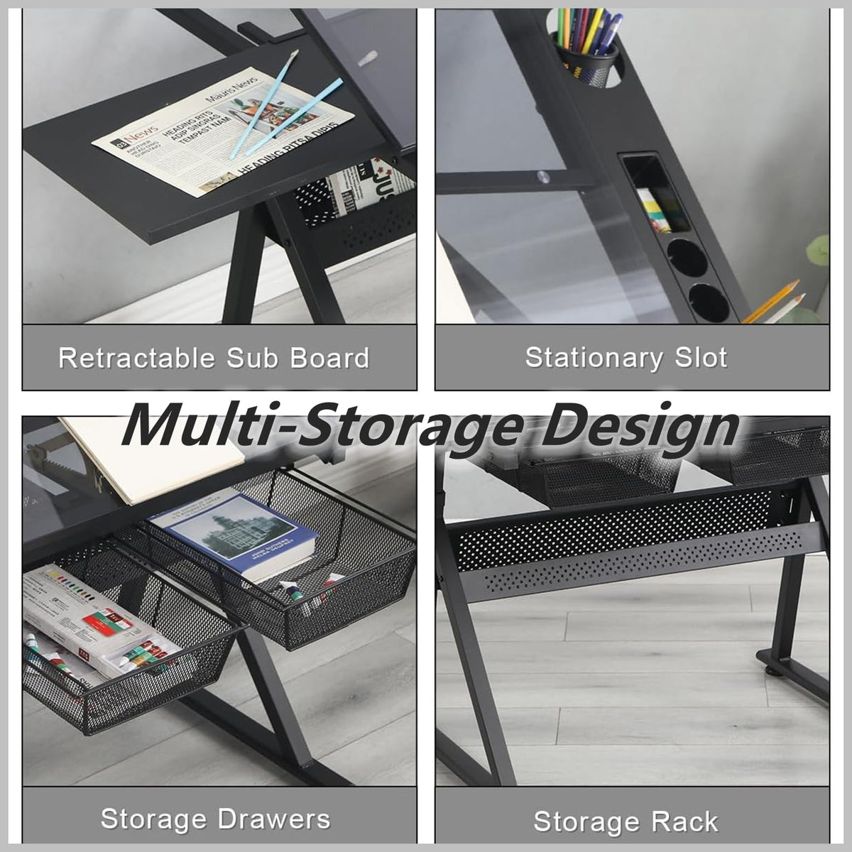 Drafting Table, Adjustable Height Drawing Table Art Table Painting Table Art Craft Desk with 0-75Â° Tilting Glass Tabletop and Storage Drawers, Black