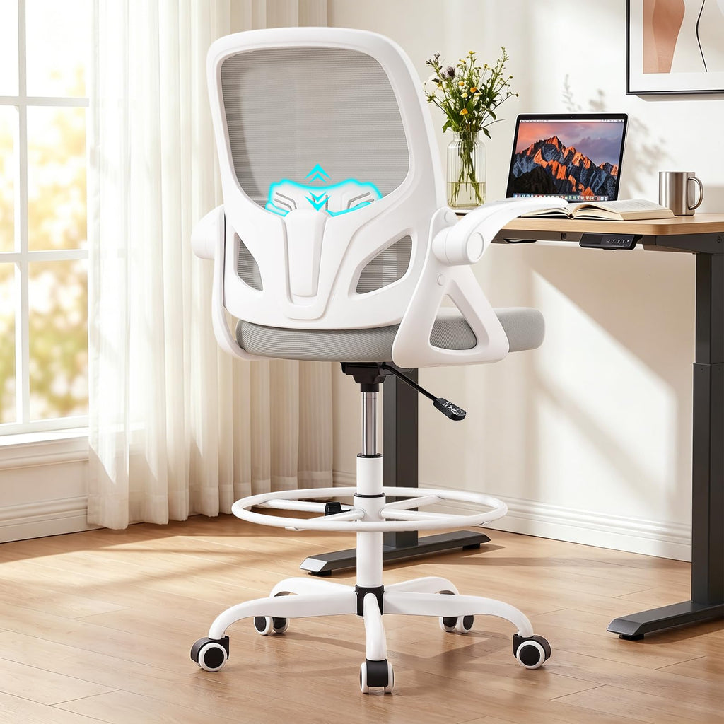 Kensaker Drafting Chair Tall Office Chair, Ergonomic Standing Desk Chair with Adjustable Foot Ring and Flip-up Armrests, Mesh Computer Chair for Art Studio, 300 LBS, Black