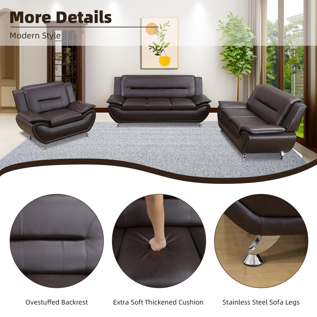 Modern Leather Sofa Set, Living Room Furniture, 3 - Piece Couch Set, Faux Leather Couch Loveseat Chair Set with Sturdy Legs for Living Room/Bedroom/Office,Black