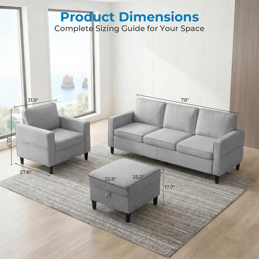 Mjkone 78"W 3 Pieces Sofa Couches Set for Living Room Sets Furniture, Sectional L Shaped 3-Seater Small Sofas Couch and Loveseat Sets with Storage Ottoman and Side Pockets for Home Office, Light Gray
