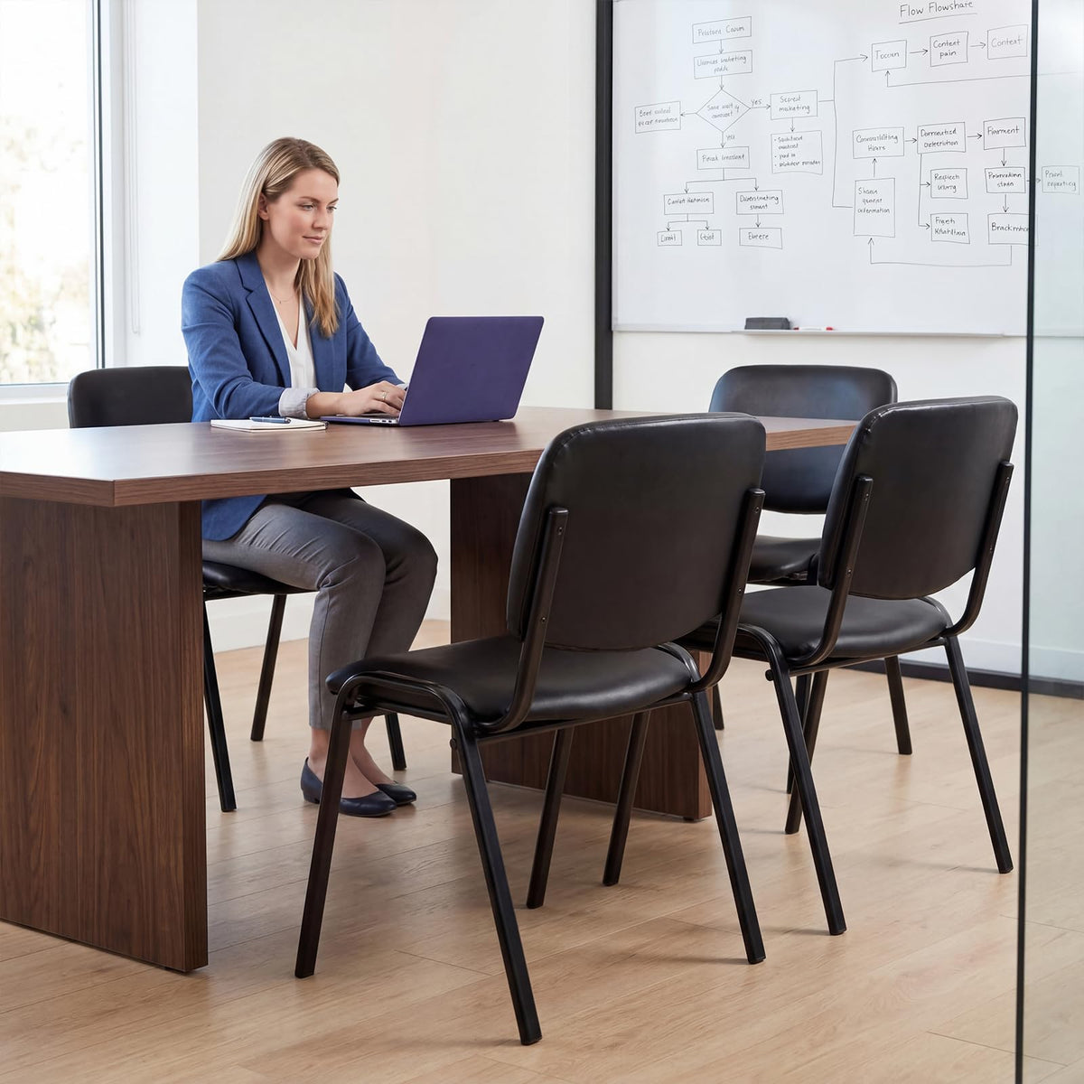 Stackable Office Guest Chairs, Reception Waiting Room Chairs with Padded Seat & Back, Armless No Wheels Conference Chairs for Training, Meeting, Lobby, Set of 5, Black Mesh Fabric