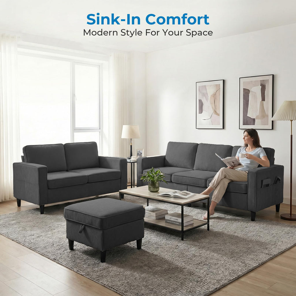 Mjkone 78"W 3 Pieces Sofa Couches Set for Living Room Sets Furniture, Sectional L Shaped 3-Seater Small Sofas Couch and Loveseat Sets with Storage Ottoman and Side Pockets for Home Office, Light Gray