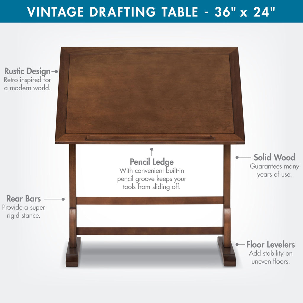 Studio Designs Vintage Drafting Table - Antique Design Solid Wood Drafting Table with Built-In Pencil Groove and Pencil Ledge - Angle Adjustable Work Surface
