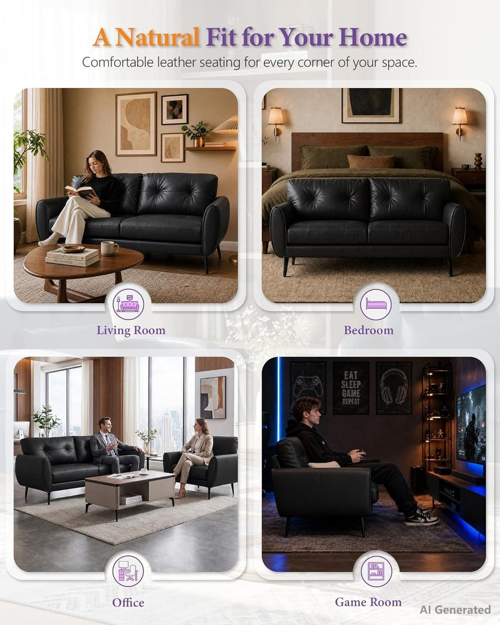 61'' Small Leather Loveseat and Chair, 3 Piece Living Room Sets, Black