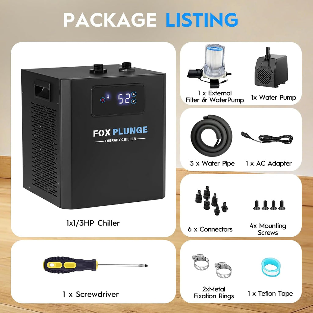 1/3 HP Cold Plunge Water Chiller with External Filter & Pump â Portable Ice Bath Cooling System for Home Muscle Recovery, LED Touchscreen & Insulated Hoses