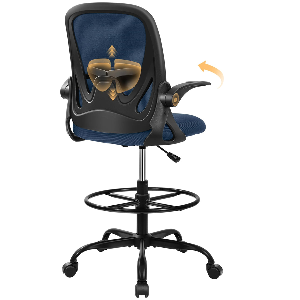 Drafting Chair Tall Office Chair with Flip-up Armrests, Adjustable Height, and Enhanced Lumbar Support - Ergonomic Rolling Stool, Back Support, and Adjustable Foot Rest Ring for Standing Desk White