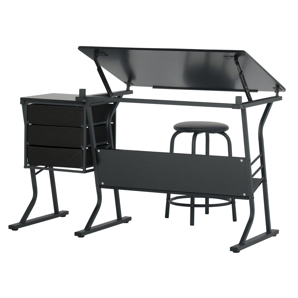 2 Piece Eclipse Ultra Center/Drawing Table with Stool, Angle Adjustable Top, Storage Shelves, and Drawers