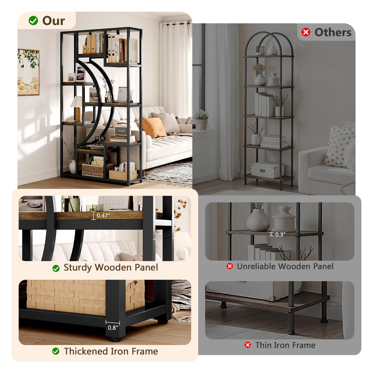 LGHM Industrial 5-Tier Bookshelf with Storage, 70.9 Inch Tall Large Display Bookcase - Modern Metal Standing Shelves for Living Room, Office and Bedroom, Set of 2, Greige