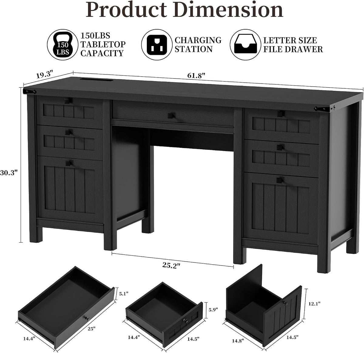 62" Executive Desk Home Office Desk with File Drawer & Cabinet