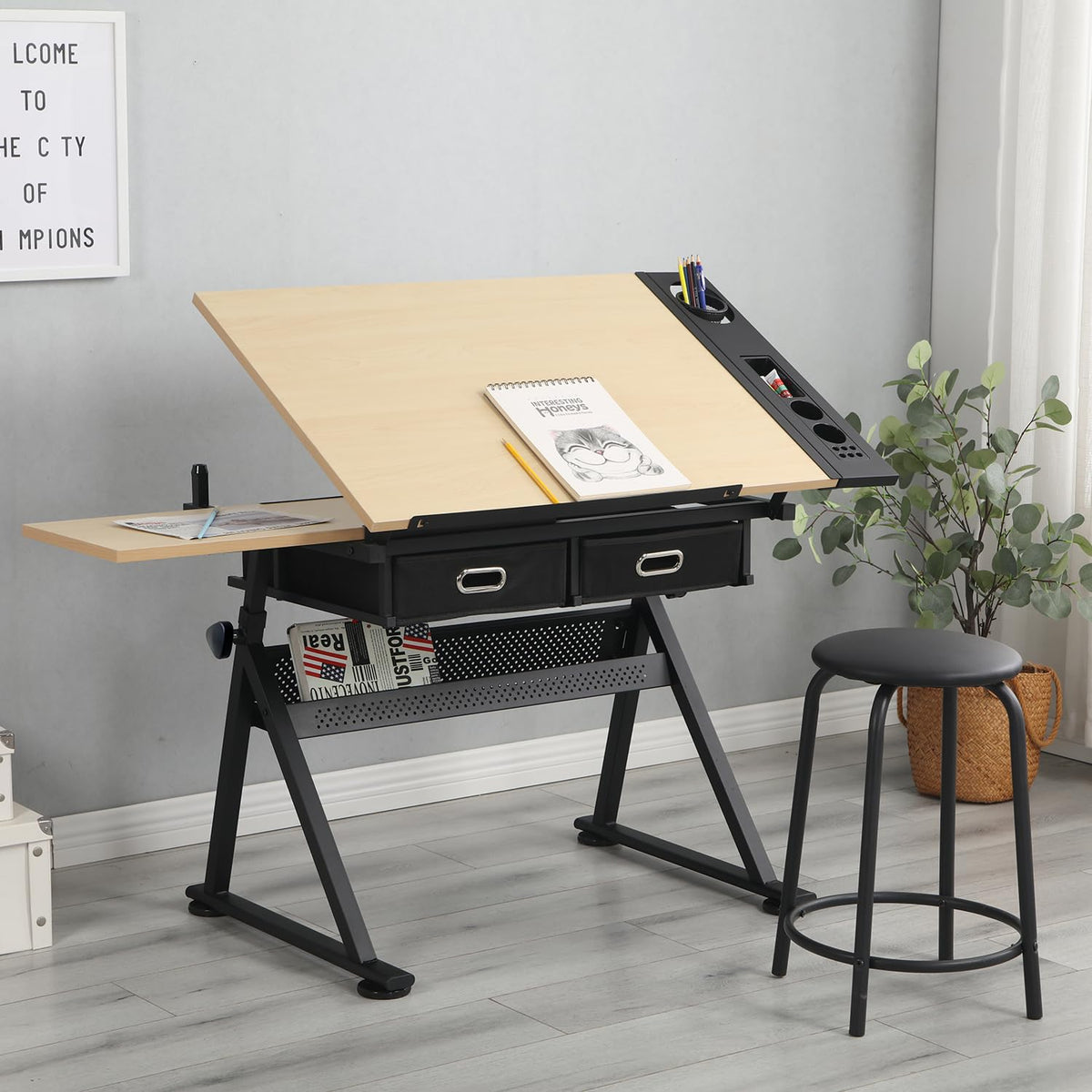 Height Adjustable Drafting Art Table for Adults, White Tempered Glass Drafting Drawing Printing Table Desk with Stool, 0-75Â° Tilting Tabletop Art Drawing Table for Drawing,Hand Crank